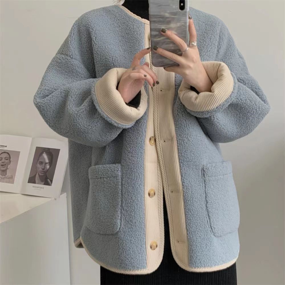 Foreign Trade Winter Thick Contrast Color Retro Lamb Wool Coat Women's New Style Chanel Style Loose Thickened Mid-length Cardigan