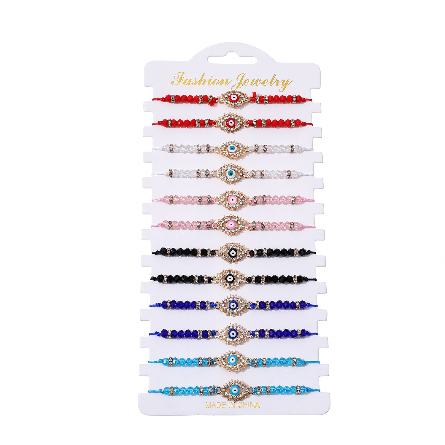 Picture of European and American Hot Devil's Eye Bracelet Crystal Beaded Lucky Handrope Adjustable Woven Bracelet Set of 12