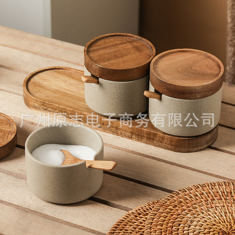Cross-border Retro Japanese Style Kitchen Ceramic Seasoning Jar Seasoning Box Set Household Three-piece Salt Jar Seasoning Bottle Tray