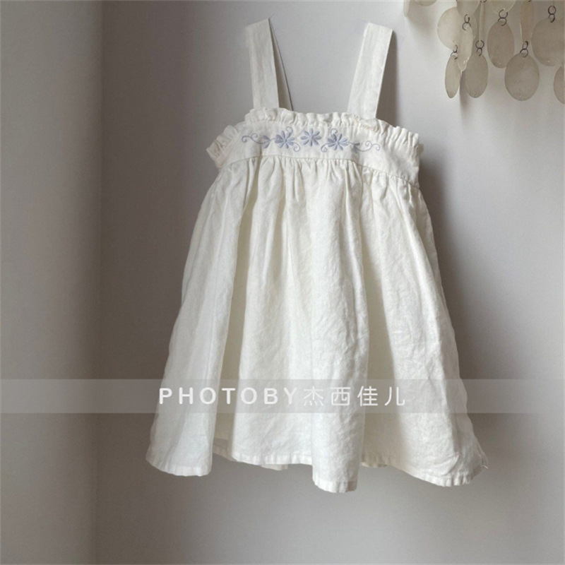 Ins Korean Style Summer Dress New dress Girl's Korean Style Western Style Flower Embroidered Ear Side Strap Doll Dress