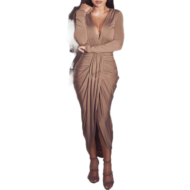 Night club dress Sexy Beauty Split Skirt Deep V Spice Girls Nightclub dress European and American Pleated Long Skirt