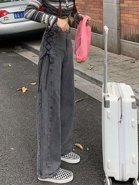 Jeans Women's Pants High Street Ins Trendy Design Sense Niche Autumn and Winter 2023 New Strap Wide Leg Pants
