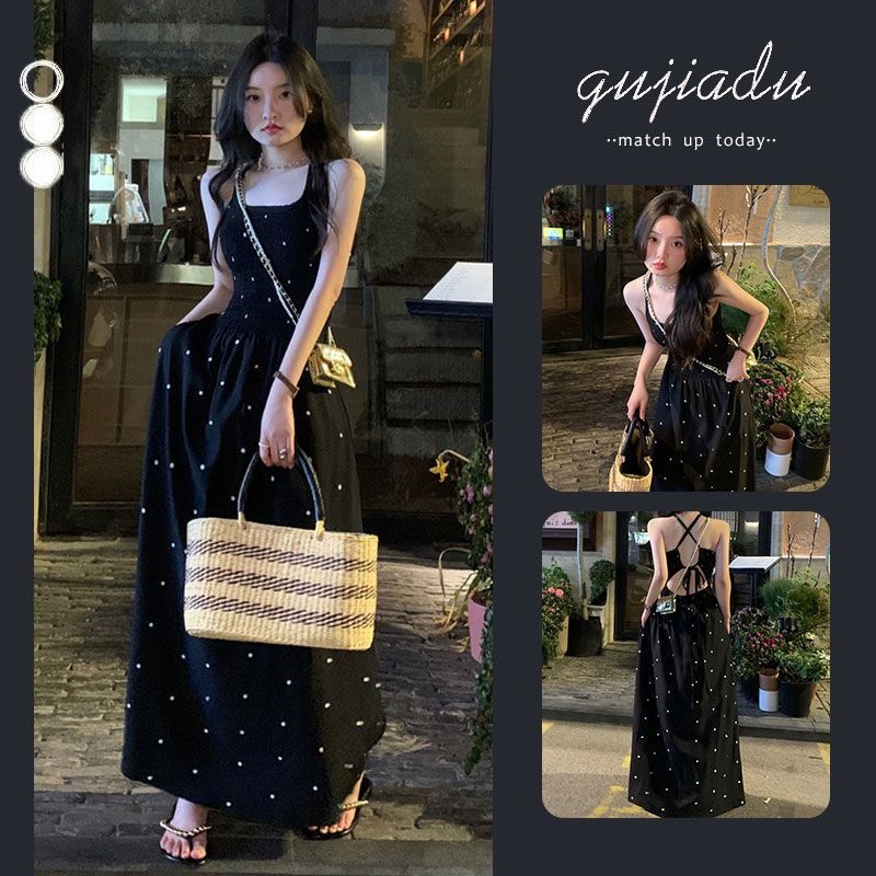 plus size Women's Sweet and Spicy Style Summer 2025 New French Hepburn Style High-end Small Black Dress Wave Dot Strap Skirt