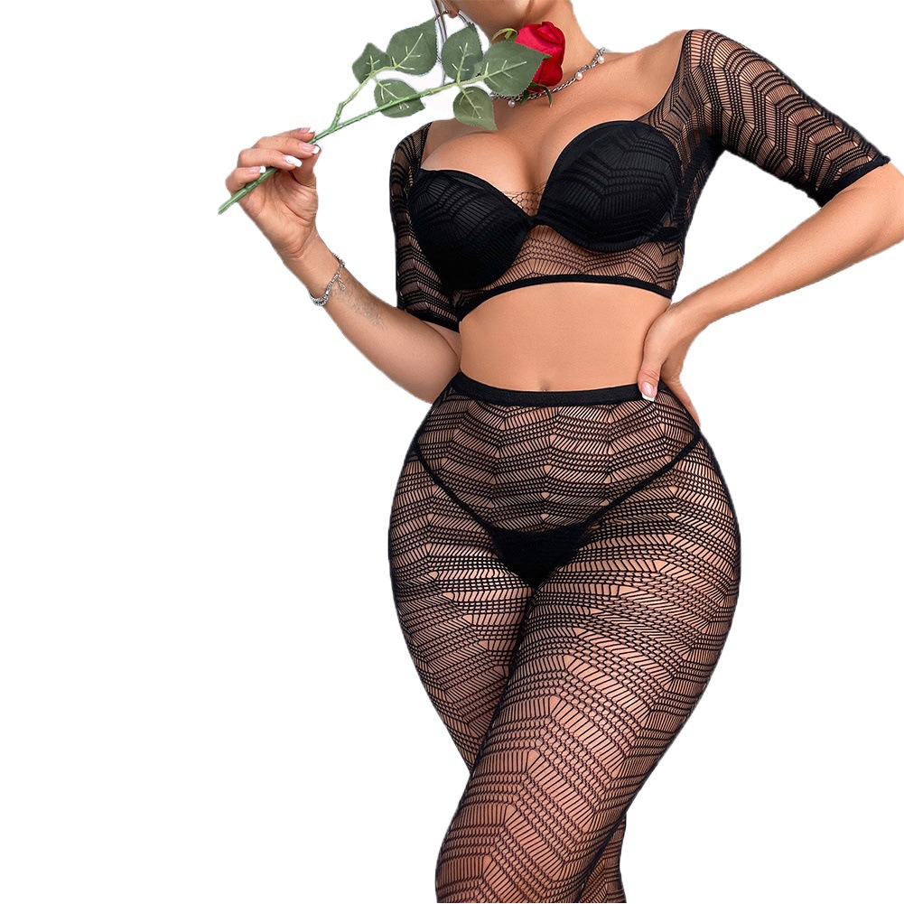 Two-Piece Erotic Lingerie Set with See-Through Crotchless Stockings, Hot Girl Belly-Baring Bodysuit Wholesale, Hollow-Out Crotchless Design