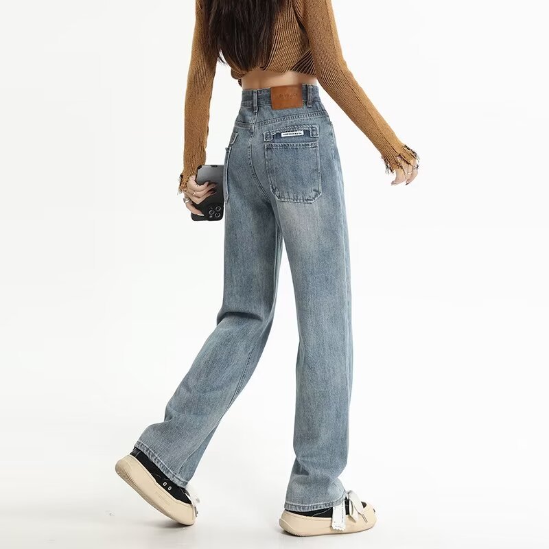 light blue Narrow Straight Jeans Women's 2024 New High Waist Retro Dosing Loose Slimming Wide Leg Pants