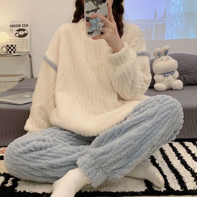 Winter branch velvet thickened pajamas women's long sleeve new warm thickened fleece-lined pajamas fleece-lined home wear women's suit