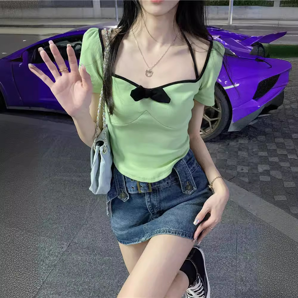 Pure hot girl bow short T-shirt women's summer design sweet girl heart square collar short sleeve top ins