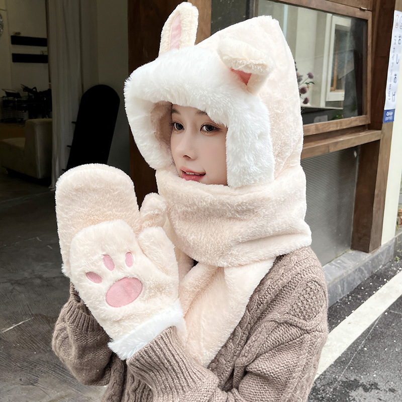 Picture of Winter plush hat scarf gloves one female rabbit autumn and winter three-piece cute thick scarf warm windproof