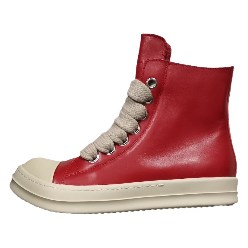 New European and American spring and autumn genuine leather high-top men's sneakers sports casual cowhide shoes women's couple's plus size 48 wide shoelaces