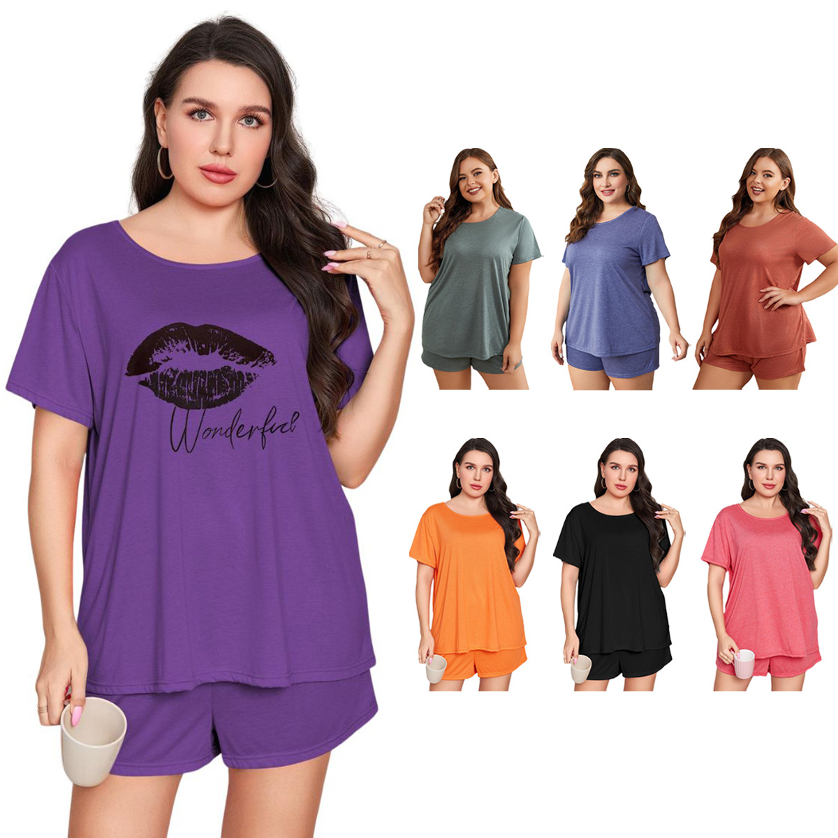 Cross-Border European and American Plus Size Pajamas for Women Summer 100kg Fat mm Loose Casual 5XL Short-Sleeved Shorts Two-Piece Home Clothes