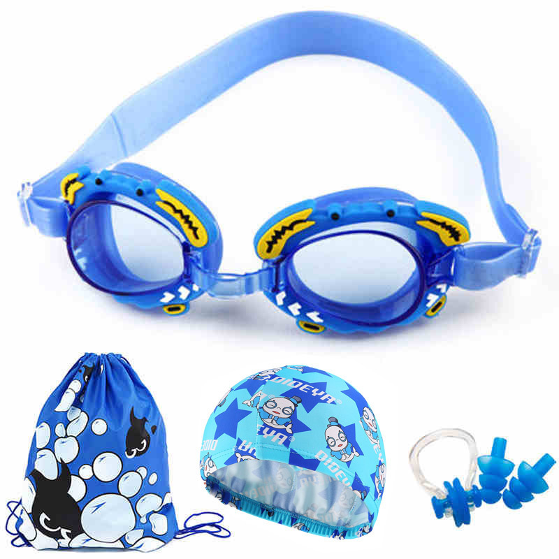 Children's swimming goggles suit cartoon small crab waterproof anti-fog lens boys and girls swimming eye equipment four-piece set