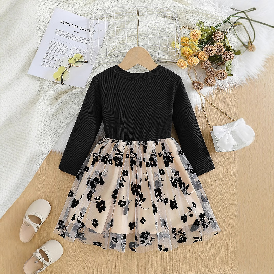Picture of 2024 Spring and Autumn Foreign Trade Explosions Girls Solid Color Pit Strip Long Sleeve Crewneck Black Rose Mesh Princess dress