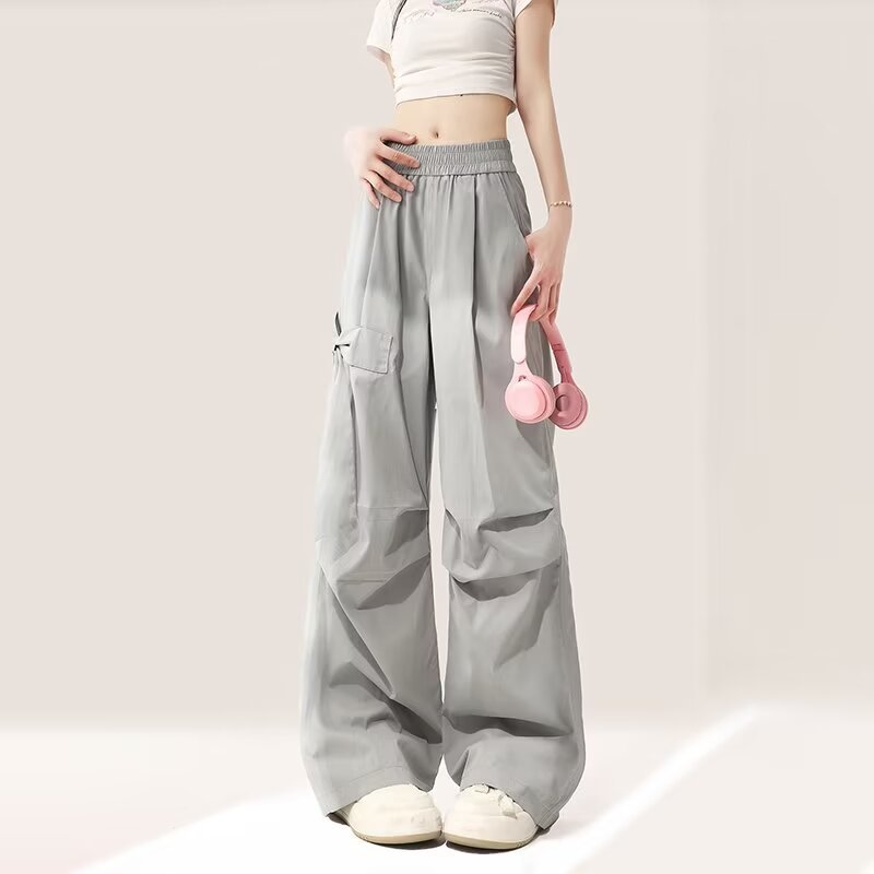 Grey Bow Casual Pants Women's Summer Thin American-style Quick-drying CArticle Pants Sweet Cool Style Straight-leg Long Pants