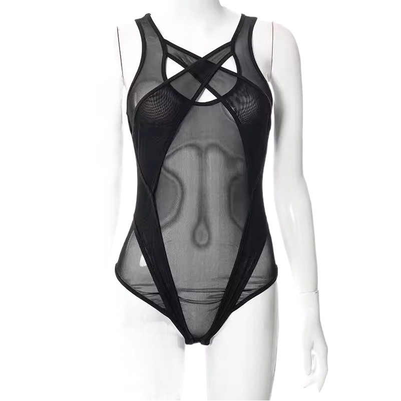 Cross-border supply European and American Foreign trade sexy lingerie sexy women's perspective hollow tight stitching jumpsuit wholesale