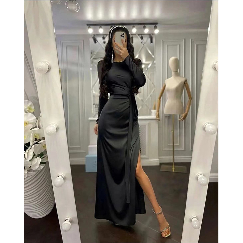 Spring and Summer solid color long sleeve fashion elegant dress Amazon European and American waist slit irregular cross-border women dress