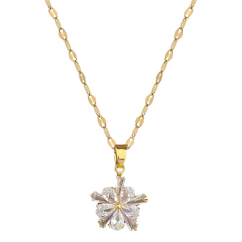 [Titanium Steel] Double-layer Flower Necklace Earrings suit Light Luxury Micro-inlaid Personality Elegant Banquet Earrings Necklace Combination