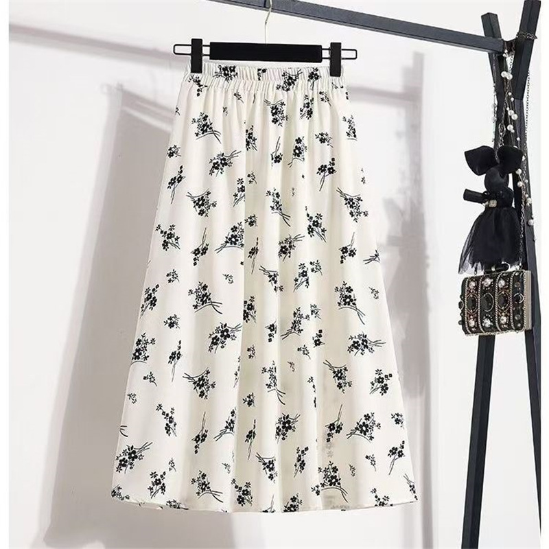 [Double layer, with lining cloth] High waist slimming summer new black and white floral large swing skirt temperament printed long