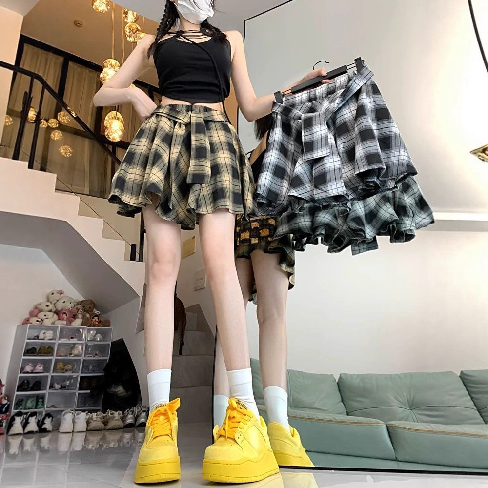 Plaid Skirt Covering Buttocks Summer Half Skirt Female Hip-Hop Decoration Student Dance Layered Shirt Skirt Butt Curtain Short Skirt