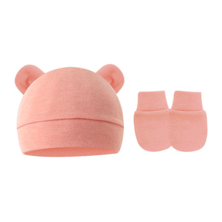 Picture of 2022 Foreign Trade Baby Fetal Hat Baby Pullover Cap Single Layer Bear Ear Hat Anti-scratch Gloves 2 Pieces Set