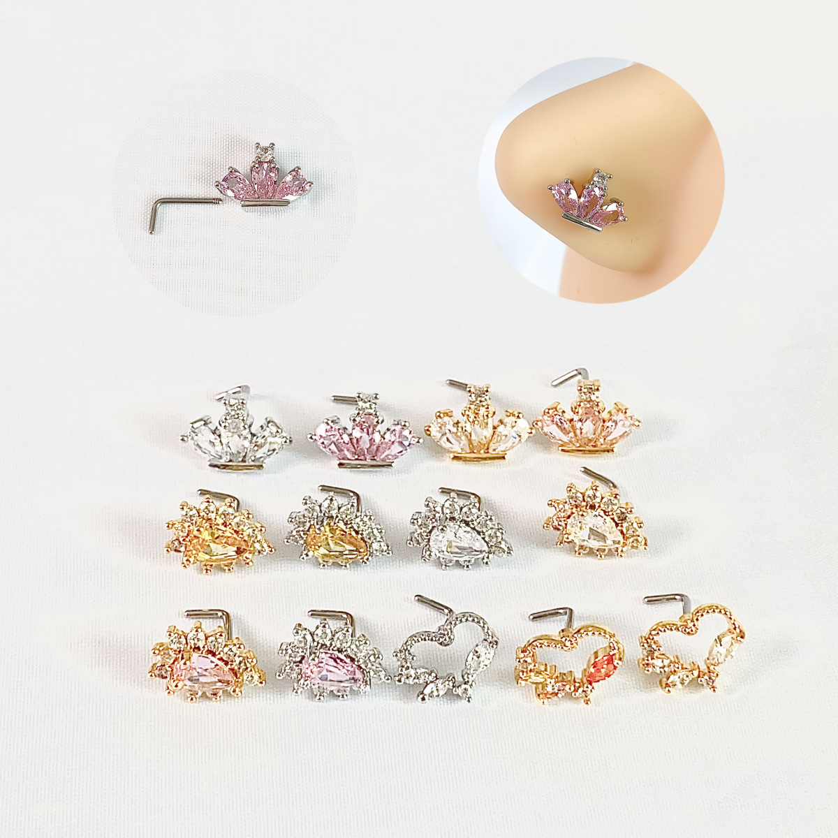 Cross-border nose nose nail water drop crown heart-shaped copper inlaid zircon European and American fashion high-end jewelry