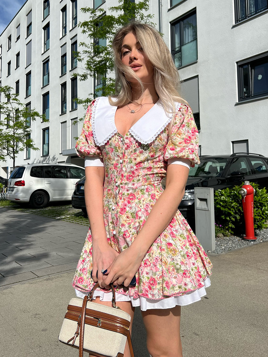 Cross-Border Doll Collar Printed Short-Sleeved Dress European and American 2025 Summer Puff Sleeve Single-Breasted Mini Dress for Women