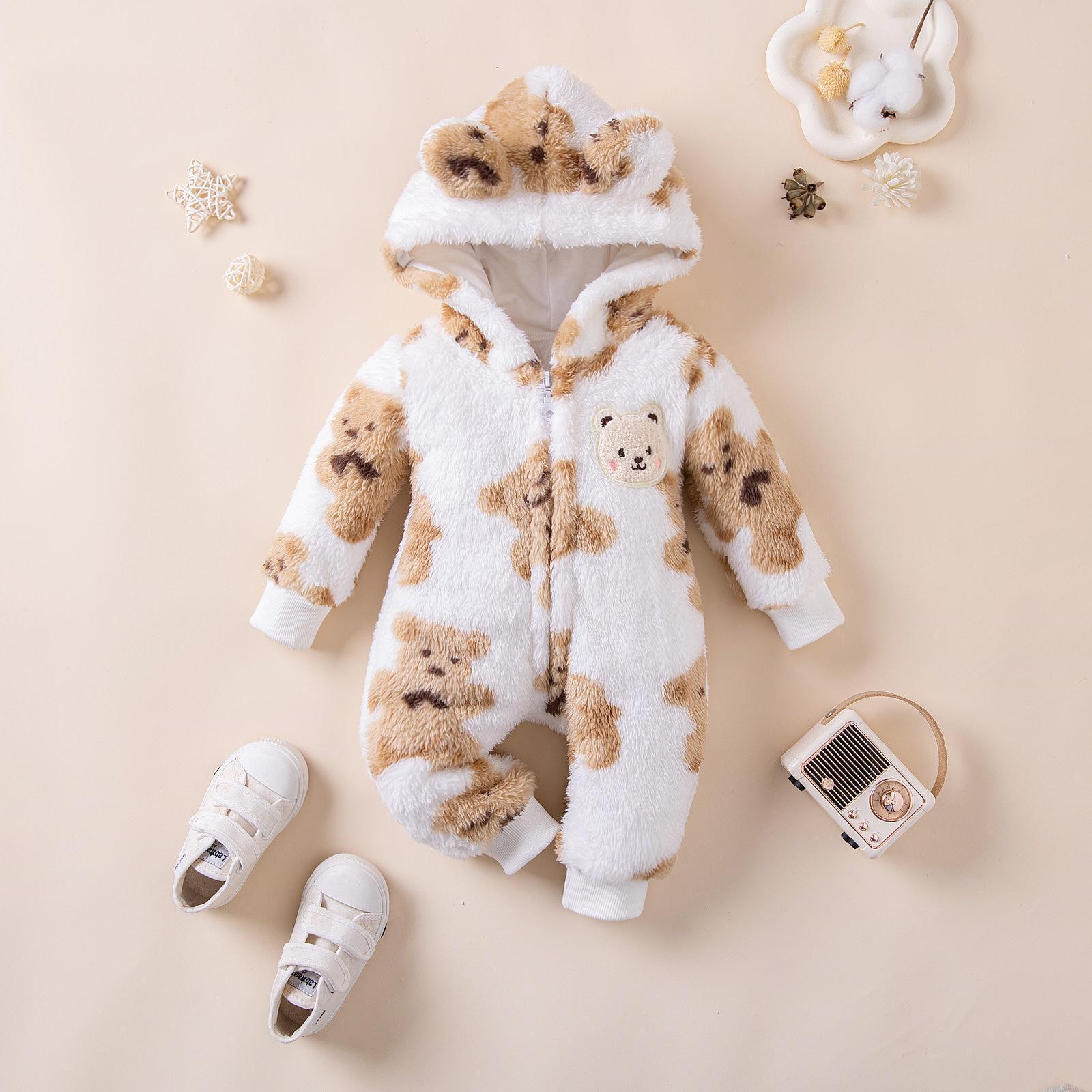 2023 New Autumn and Winter Bear Cute Baby Long Sleeve Long Leg Suit Cute Hooded Crawling Clothes