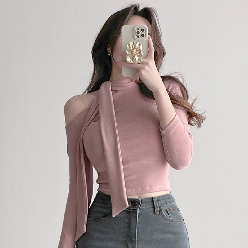South Korea Dongdaemun New Gentle Pink Elegant Lace-up Semi-high Neck Tight Long Sleeve T-Shirt gn