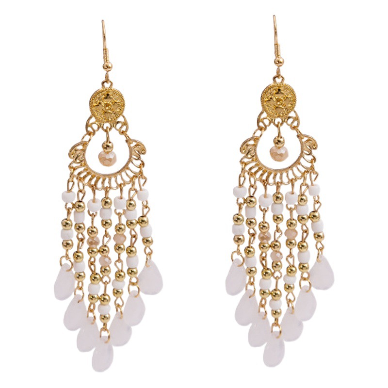 European and American Bohemian Rice Beads Earrings Retro Ethnic Style Color Water Drops Tassel Earrings Hollow Exaggerated Earrings