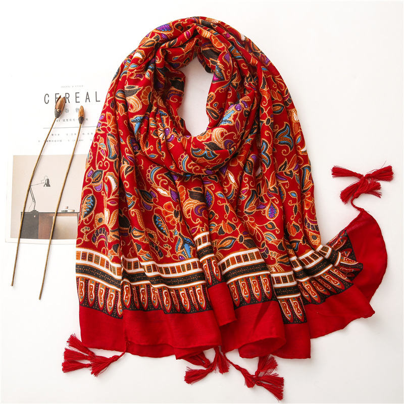 Ethnic Style Cotton and Linen Scarf Shawl Yunnan Xizang Grassland Bohemia Tourism Collocation Silk Scarf Travel Shot Red Scarf