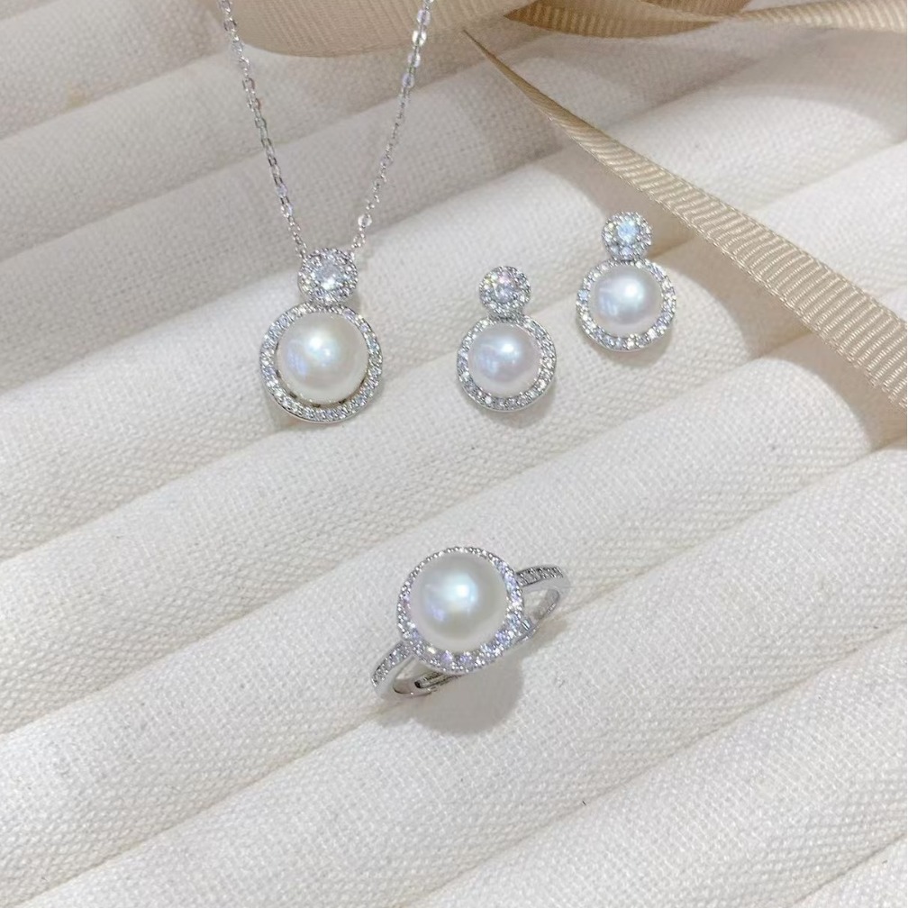 Zhuji S925 Silver Needle Natural Freshwater Pearl Earrings Dai Fei Same Style Zircon Design Wind Pearl Jewelry suit