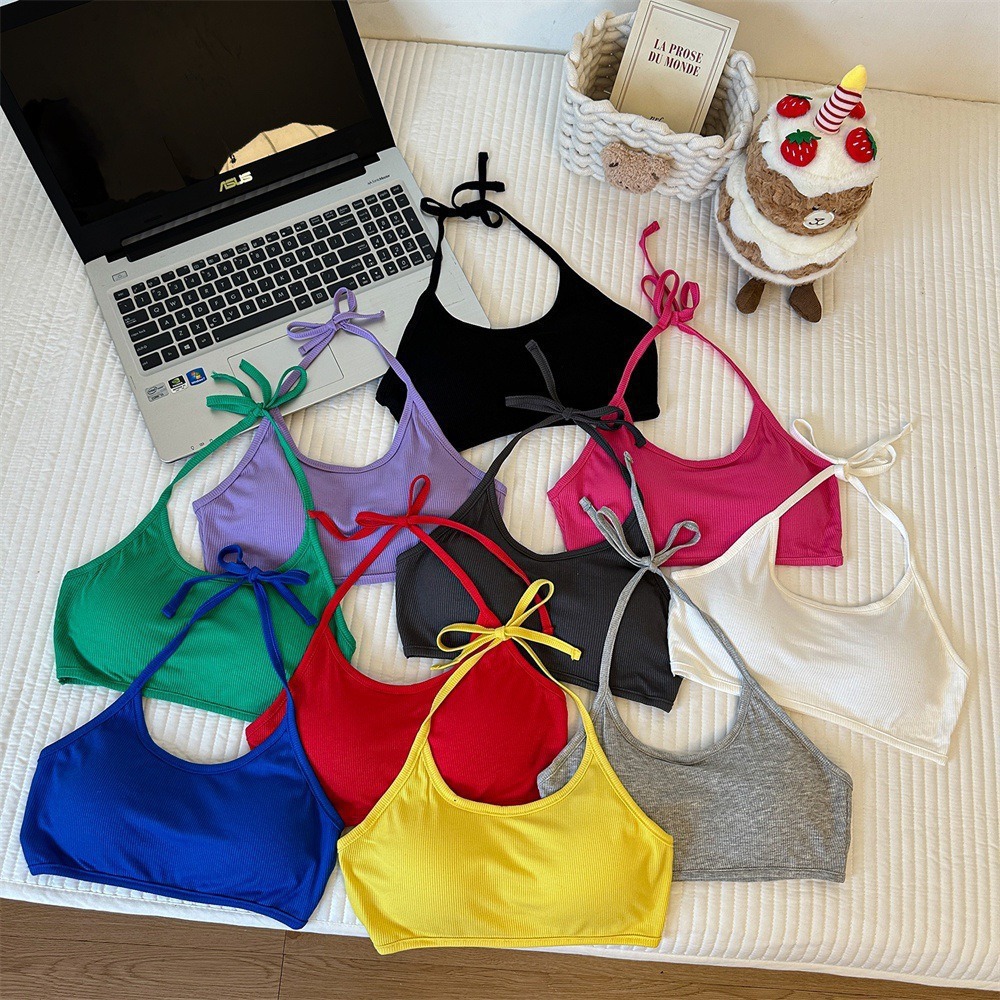 With Chest Pad Short Hanging Neck Strap Vest Underwear Women's Hot Girl Beautiful Back Wrap Chest Sexy Tube Top with Base