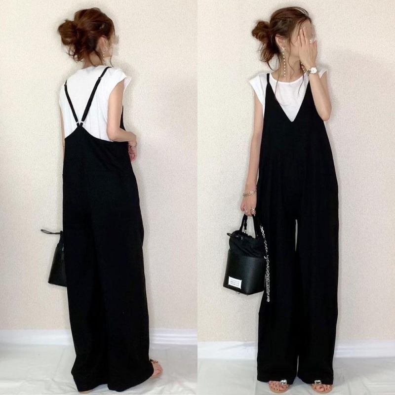 Cross-border Jumpsuit Foreign Trade 2023 Summer New Japanese Women's Sling Pants Solid Color Casual Loose Wide Leg Pants