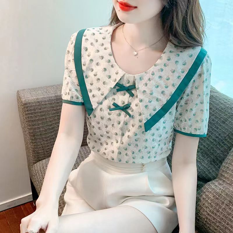 Picture of Chiffon Blouse for Women, Spring and Autumn 2023, Doll Collar, Thin Mesh Top, Stylish and Versatile, Floral Pattern, Fashionable and Elegant