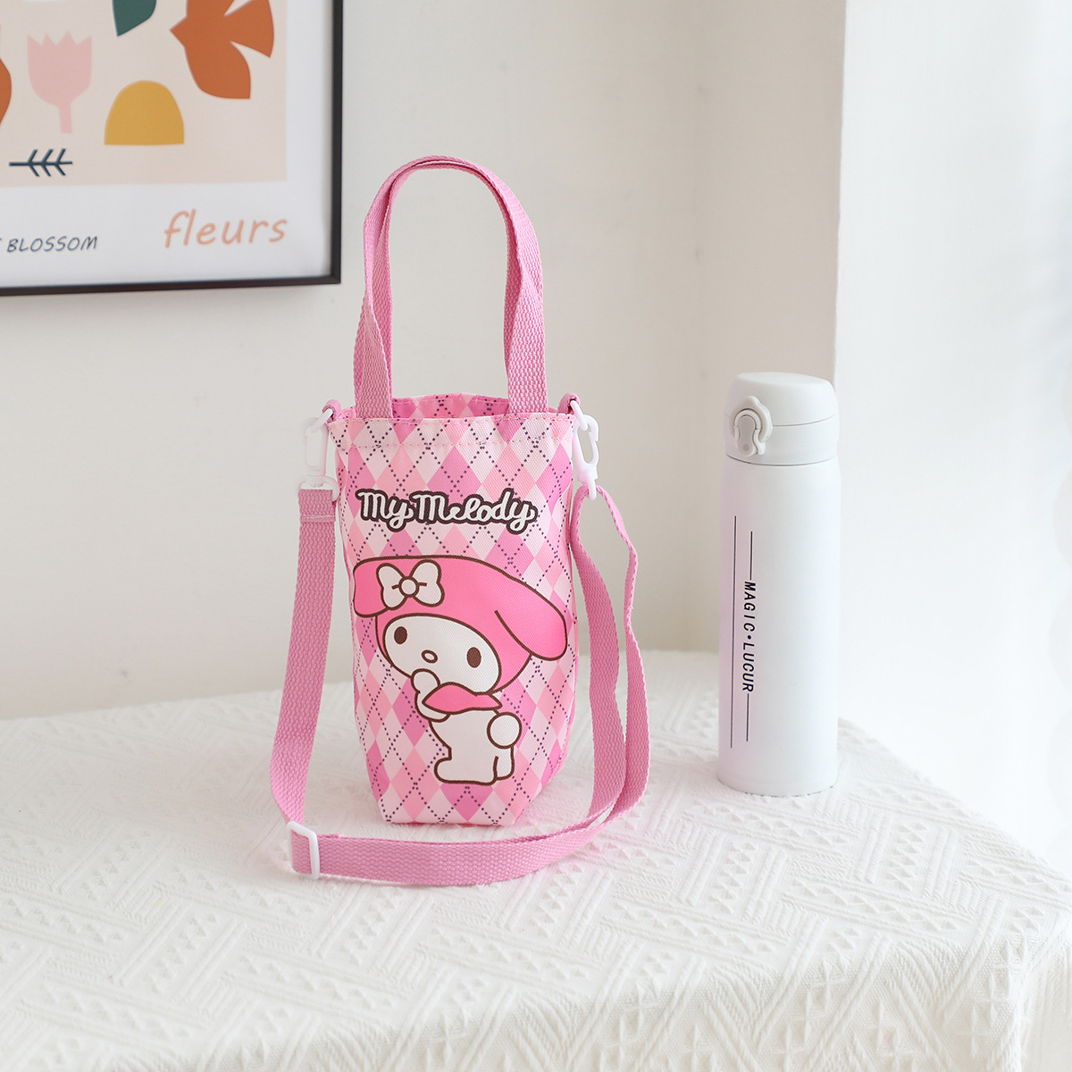 Picture of Japanese Style Cartoon Cute Canvas Water Cup Bag Crossbody Portable Dual-purpose Water Kettle Bag Outgoing Small Cloth Bag Handbag
