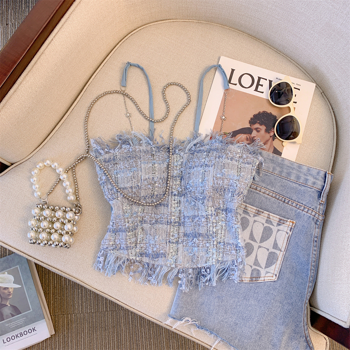 Real Shot Chanel Style Integrated Chest Pad Vest Women's Summer New Design Sense Chain Tassel Chic Outer Wear Camisole