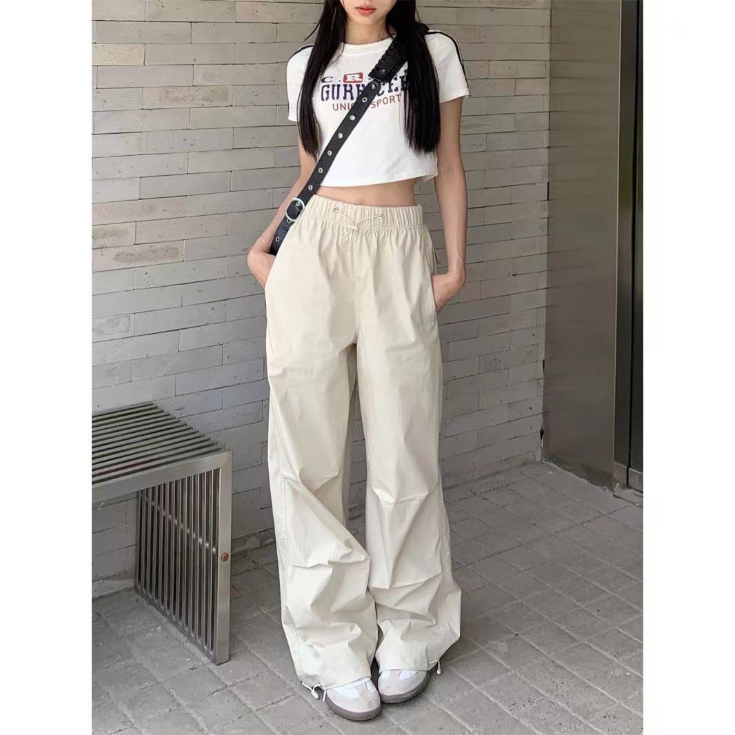 High waist ankle-tied parachute workwear casual pants women's summer loose wide leg thin American hiphop white pants