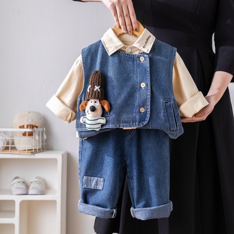 Boys' Spring suit Korean Style Spring and Autumn New Three-dimensional Dog Denim Vest Children's Casual Three-piece Fashionable Set