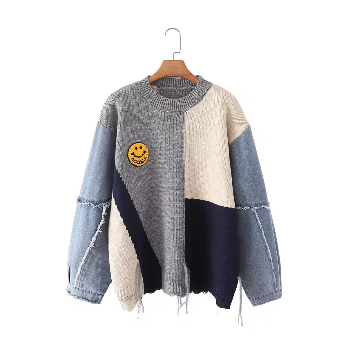 Picture of European and American Cross-Border Amazon Autumn and Winter New Loose Denim Stitching Contrasting Smiley Face Round Neck Long-Sleeved Sweater Pullover