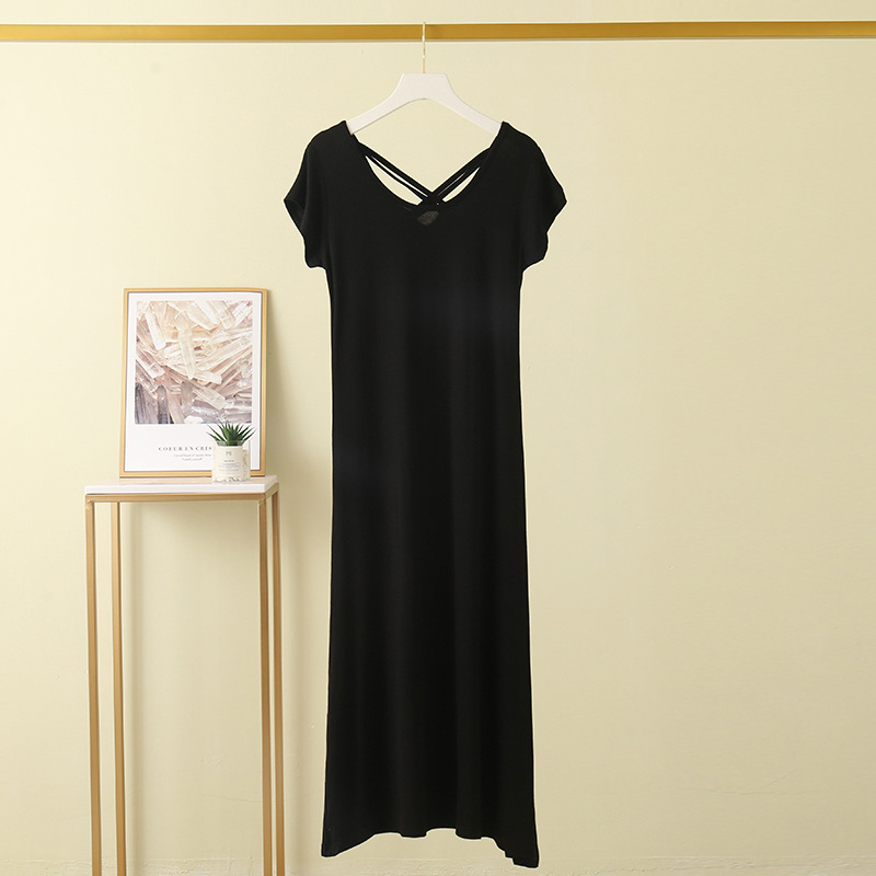 Picture of Modal Beautiful Back Cross Sexy Long Skirt Elegant Simple Short-Sleeved Dress Summer Thin Stripesd Skirt