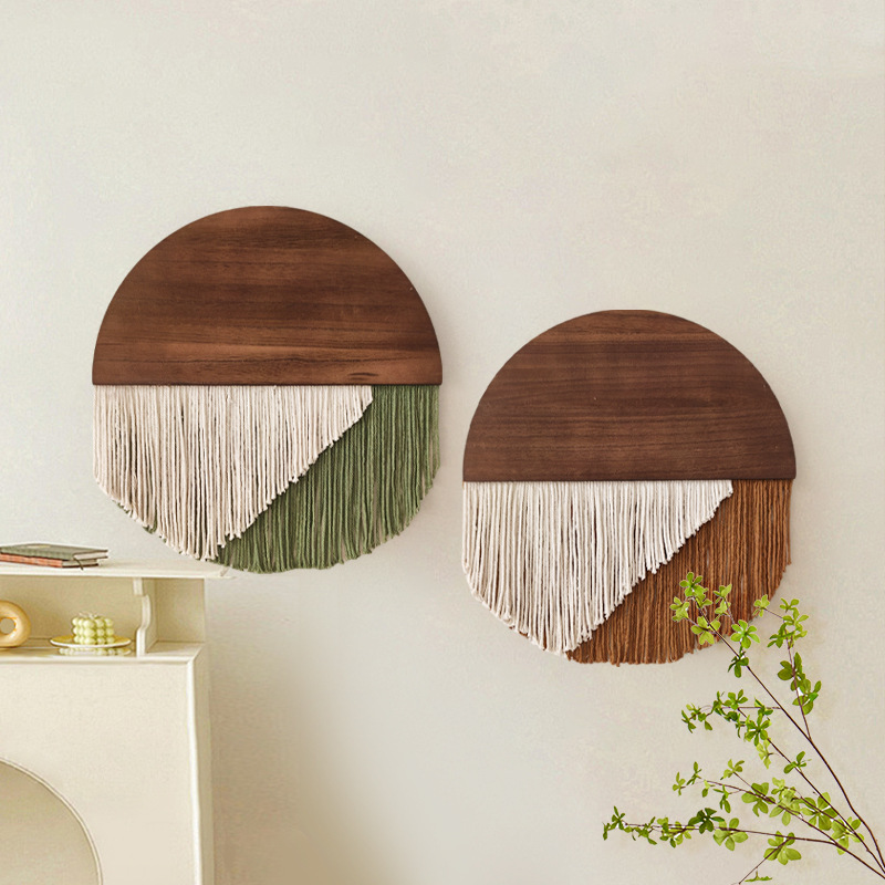 Picture of Bohemian Style Semicircular Wooden Board Tassel Tapestry B&B Cotton Tapestry Background Handmade Wall Hanging Woven Tapestry