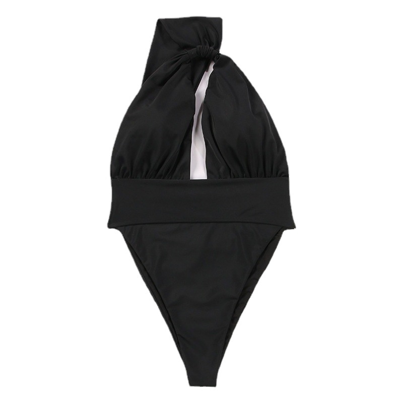 2024 European and American New Pure Color One-Shoulder High-Waisted One-Piece Swimsuit for Women Export Sexy Cut Out Bikini 20053