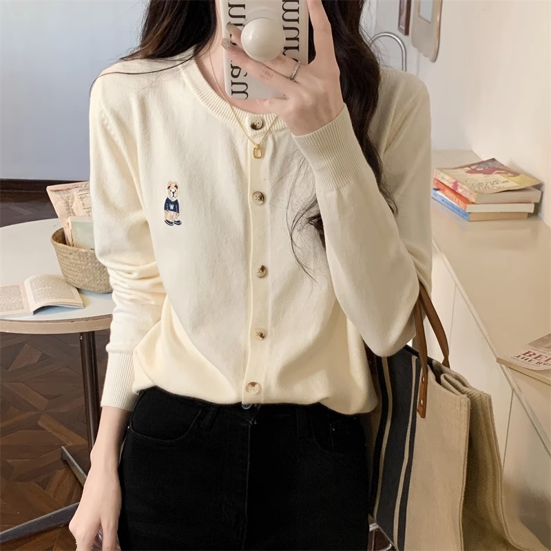 navy blue Bear Embroidered Long-sleeved Knitted Sweater Cardigan Coat Women's Autumn Loose Korean Sweater Short Top