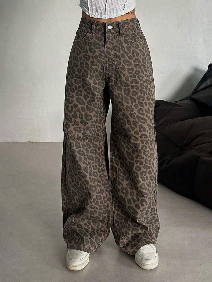 Picture of European and American Spring and Autumn New Leopard Print All-match Jeans Women's Retro Design Niche Loose Straight Casual Wide-leg Pants