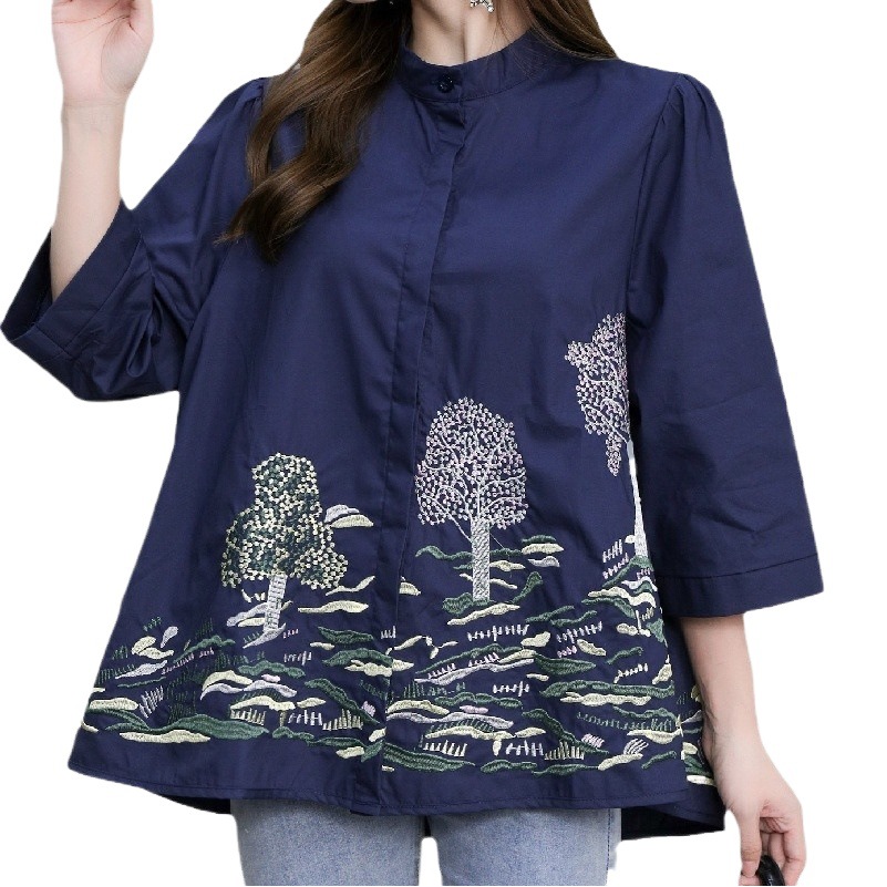 Vintage Plus Size Women's Clothing Heavy Embroidery Versatile Loose Casual Stand Collar Slimming Shirt Popular Cotton Linen Top for Women