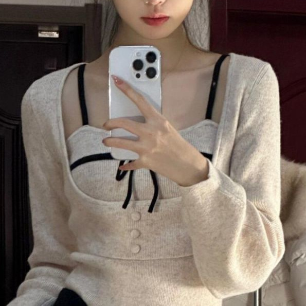 Korean Style Sexy Pure Desire High-end Long-sleeved Shirt Women's Spring and Autumn Inner Stacked Base-on Shirt Top Two-piece Set