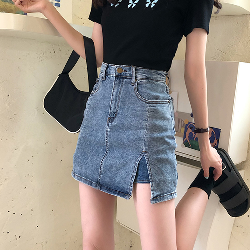 Skirt Women's Retro Stretch Denim Skirt ins Trendy A- line High Waist Split Anti-walking Hip Midi Pants