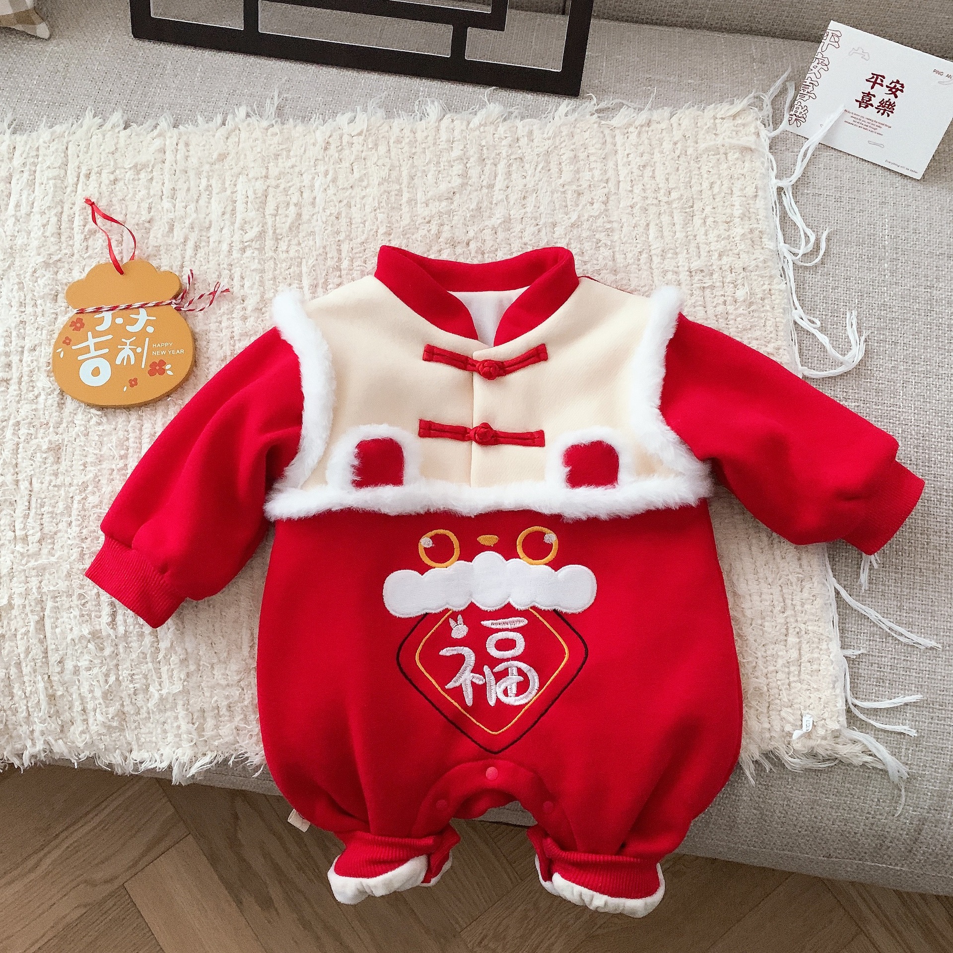 Picture of Baby New Year greeting clothes winter festive fleece-lined thickened jumpsuit men's and women's baby rabbit year warm romper outing clothes