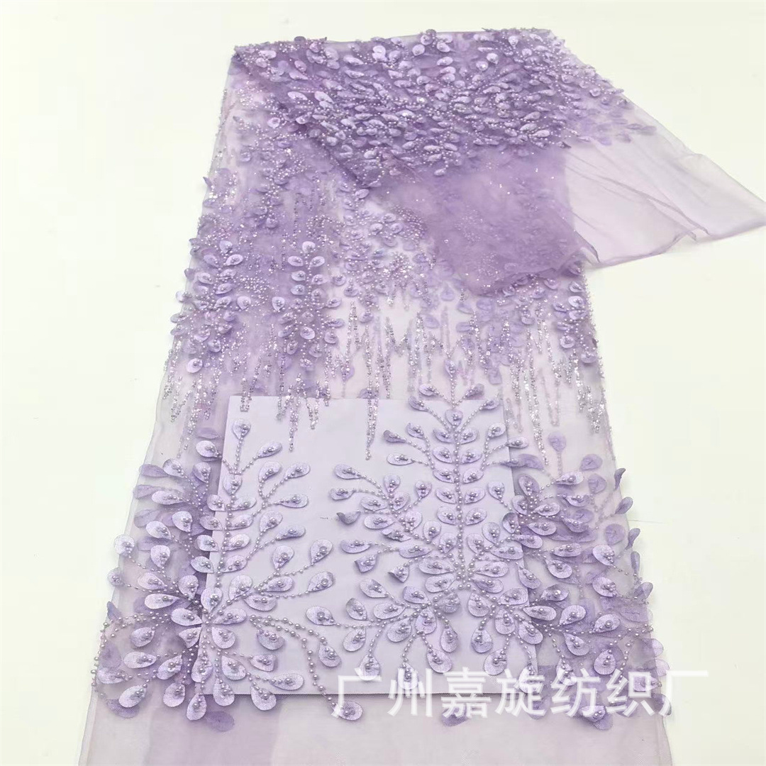 Spot three-dimensional laser leaf shape bead tube embroidery polyester mesh fabric wedding dress children's dress embroidered fabric