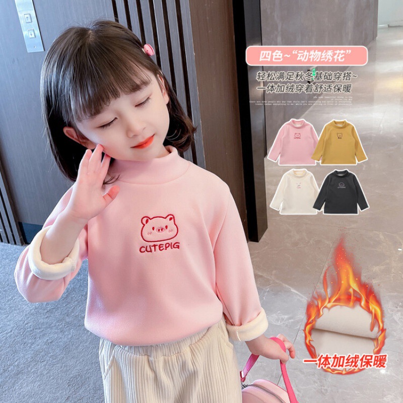 Autumn and Winter Girls' Half Turtleneck Bottoming Shirt with Velvet and Thickeneding 2024 Kidsren's T-Shirt Western Style Warm Top