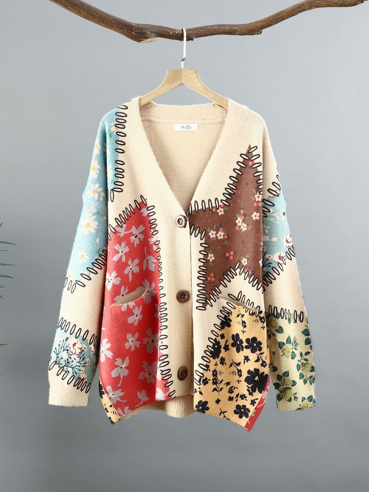 Mink Velvet Knitted Sweater for Women 2024 Autumn and Winter New Style Five-Pointed Star Printed and Dyed Loose V Neck Cardigan Versatile for Women